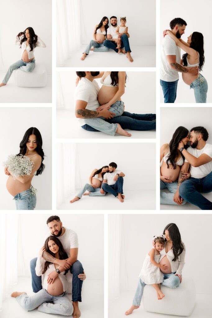 A maternity photographer in Colorado captures this studio photo of an expecting couple in love