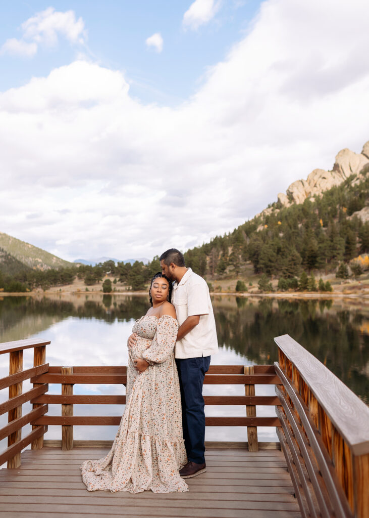 Rocky Mountain National Park maternity photos with alpine lake backdrop