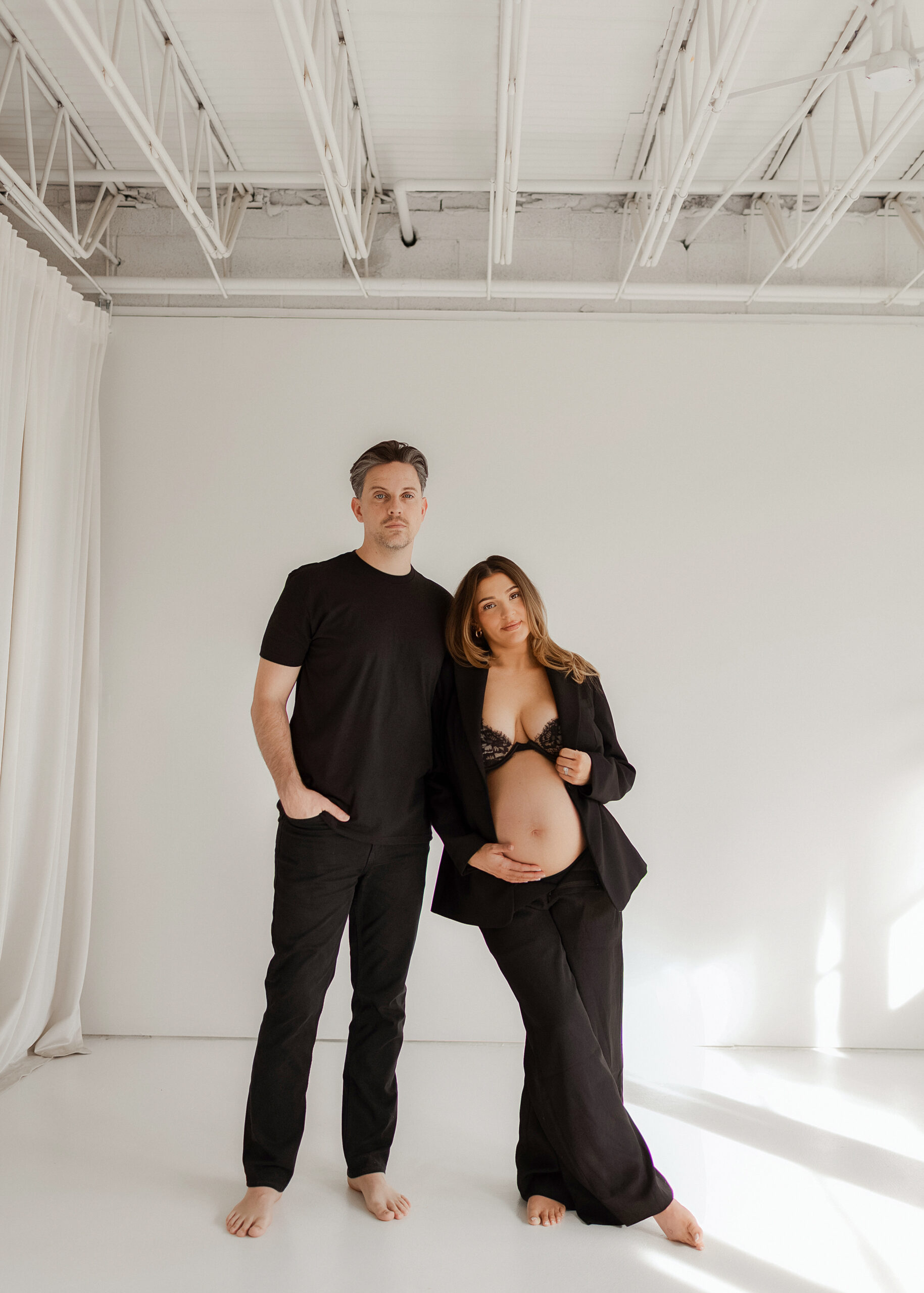 Denver maternity photography studio session with neutral outfit and soft natural light